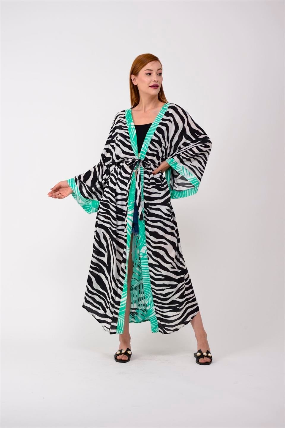 Bohem Stil Özel Tasarım Mavi Tıger Baskılı Boho Kimono Kaftan görsel 3