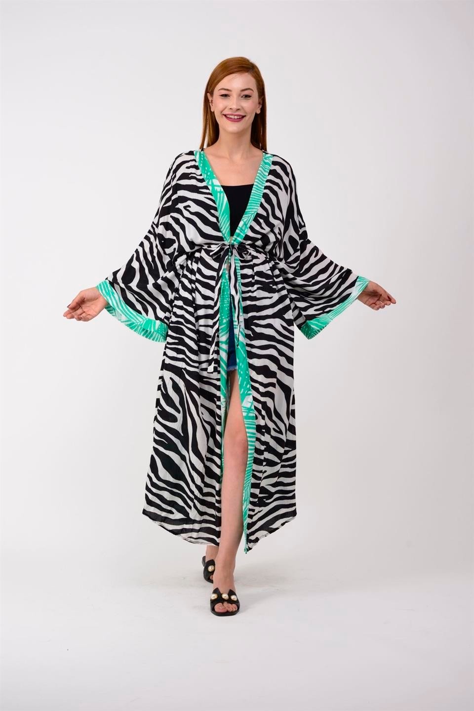 Bohem Stil Özel Tasarım Mavi Tıger Baskılı Boho Kimono Kaftan görsel 4