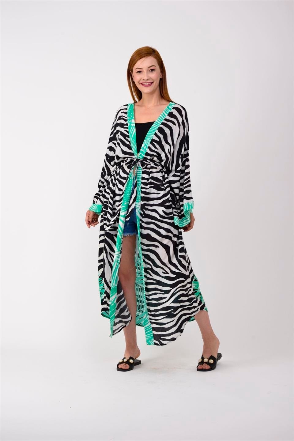 Bohem Stil Özel Tasarım Mavi Tıger Baskılı Boho Kimono Kaftan görsel 5