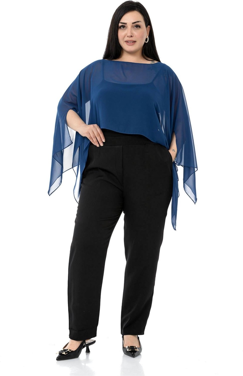 Disentis Modest Büyük Beden Kadın Asimetrik Kesim Bej Şifon Pelerin Bolero