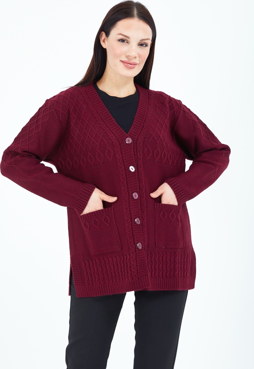 Elçelya Moda Kadın V Yaka Bordo Düğmeli Cepli Örgü Yün Anne Triko Kısa Hırka görsel 5