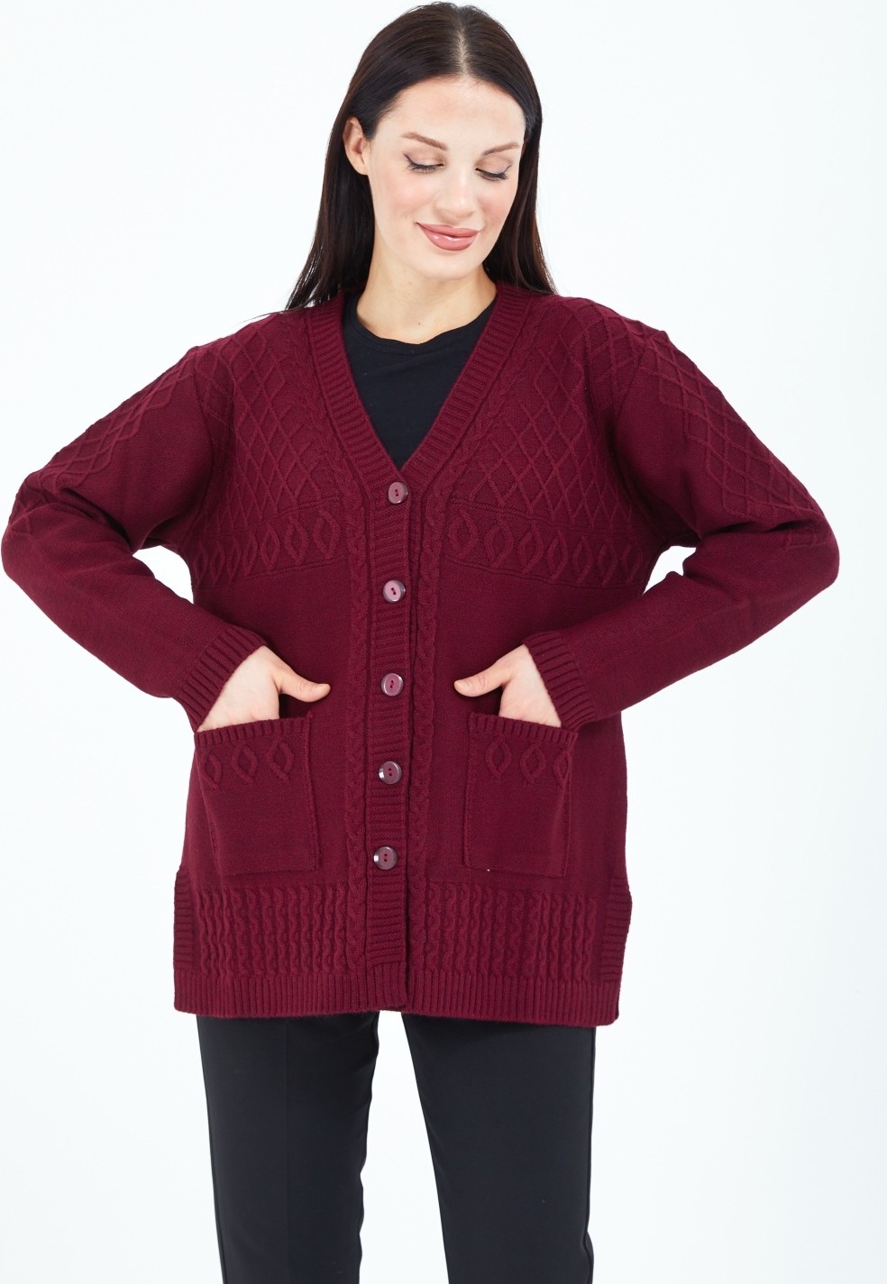 Elçelya Moda Kadın V Yaka Bordo Düğmeli Cepli Örgü Yün Anne Triko Kısa Hırka görsel 2