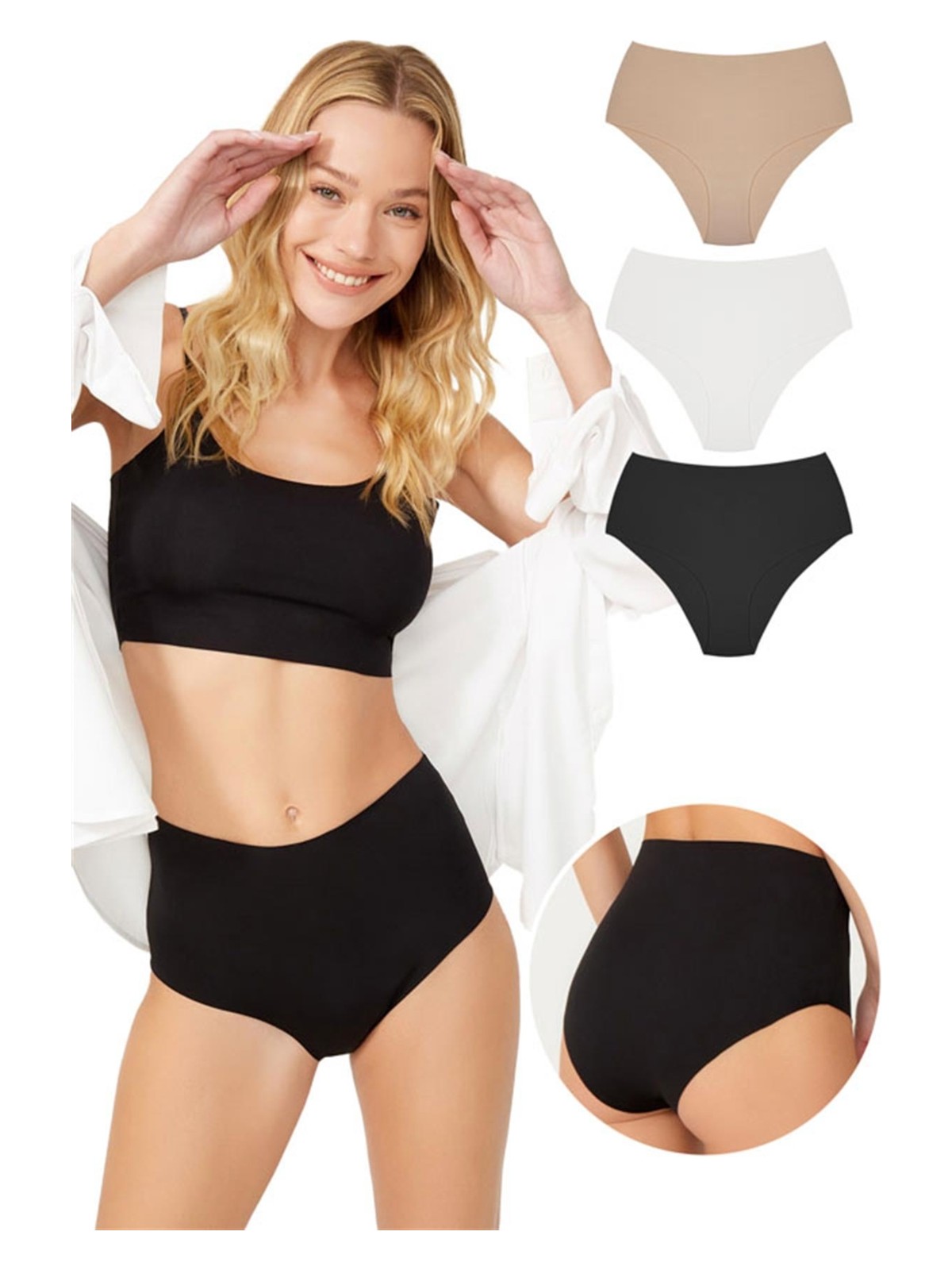 Cottonhill Yüksek Bel Basic Lazer Kesim Bikini Külot 3'lü Paket - 6