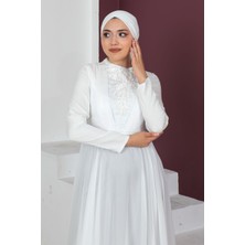 Phelda Plise Detaylı Boncuklu Tesettür Abiye Elbise 761-BEYAZ 44