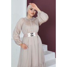 Phelda Rahat Form Kemerli Tesettür Abiye Elbise 746-BEJ 38