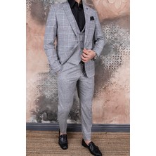 Paco Romano Erkek Slim Fit Mono Yaka Açık Gri Ekose Yelekli Kombin 8 Drop Takım Elbise