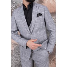 Paco Romano Erkek Slim Fit Mono Yaka Açık Gri Ekose Yelekli Kombin 8 Drop Takım Elbise