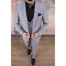 Paco Romano Erkek Slim Fit Mono Yaka Açık Gri Ekose Yelekli Kombin 8 Drop Takım Elbise