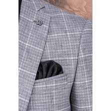 Paco Romano Erkek Slim Fit Mono Yaka Açık Gri Ekose Yelekli Kombin 8 Drop Takım Elbise