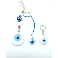 Helis Beyaz Nazar Boncuğu Duvar Dekoru 7 cm +Anahtarlık+Araba Dikiz Ayna Süsü Cam El Yapımı Set