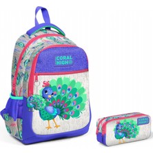 Coral High Mavi Yeşil Tavuskuşu Ilkokul Ortaokul Sırt Çantası ve Kalemlik Seti