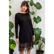 Kadın Siyah Yuvarlak Yaka Dantel Detaylı Uzun Kollu Yumuşak Dokulu Midi Boy Diz Üstü Elbise