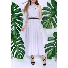 Kadın Lila Halter Yaka Sıfır Kol Kemer Detaylı Regular Kesim Maksi Boy, Uzun Rahat ve Günlük Elbise