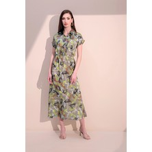 New Laviva Kadın Yeşil Yeni Stil Saten Yarım Kol ve Yarım Patlı Beli Lastikli Uzun Elbise