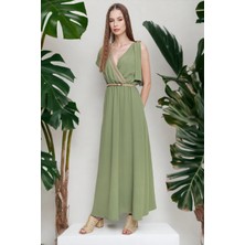 Kadın Haki Sırt ve Göğüs Hasır Detaylı Omzu Tokalı Beli Büzgülü Airobin Uzun Elbise Kruvaze Yaka