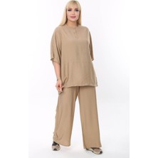 Büyük Beden Bej Yuvarlak Yaka Salaş Takım