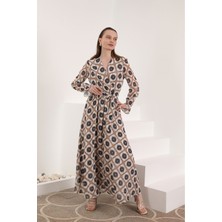 Kaktüs Moda Şifon Kumaş Çiçekli Armür Desen Kadın Elbise-Ekru