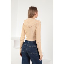 Kaktüs Moda Kaşkorse Kumaş Crop Fermuarlı Kadın Hırka-Bej