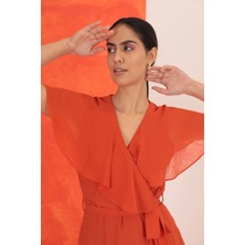 Kaktüs Moda Aerobin Şifon Kumaş Kadın Allerli Elbise-Oranj
