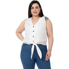 Disentis Modest Büyük Beden Bağlama Detaylı Kolsuz Beyaz Bluz