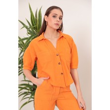Kaktüs Moda Keten Kumaş Crop Oversize Kadın Gömlek-Oranj