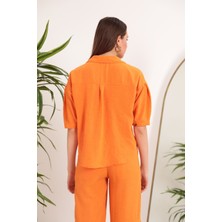 Kaktüs Moda Keten Kumaş Crop Oversize Kadın Gömlek-Oranj