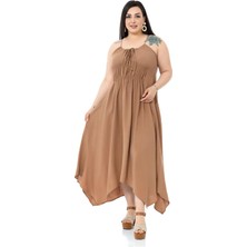 Disentis Modest Büyük Beden Ip Askılı Beli Lastikli Vizon Uzun Elbise