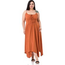 Disentis Modest Büyük Beden Ip Askılı Beli Lastikli Tarçın Uzun Elbise