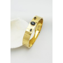 Caisya Altın Kaplama Onix Siyah Taşlı Vintage Çelik Kelepçe Bileklik 17CM