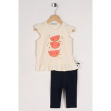 Kız Çocuk Ekru Renkli Karpuz Baskılı Eteği Fırfırlı Taytlı Takım