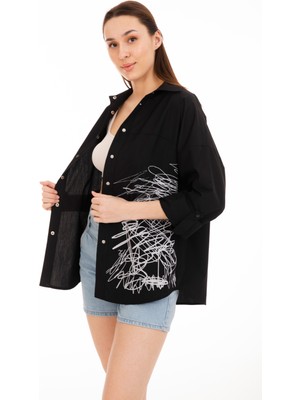 Kokina Moda Çizgi Desenli, %100 Pamuklu, Yazlık ve Uzun Kollu Siyah Kadın Gömlek
