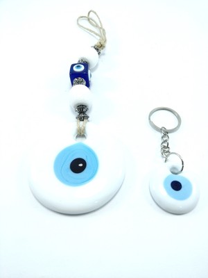Helis Beyaz Nazar Boncuğu Duvar Dekoru 7 cm +Anahtarlık Cam El Yapımı Set
