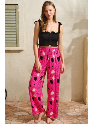 Günlük Ev Giyimi Kalın Askılı Oyuk U Yaka Kadın Viskon Çiçek Desenli Sırt Aksesuarlı Yazlık Dokuma Normal Bel Uzun Dantel Detaylı Pijama Altı