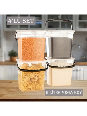 Lirazon Pratik 4'lü Şeffaf Saklama Kabı - 6 Litre Kapasite - Un ve Bakliyat Depolama