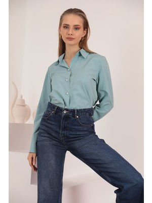 Kaktüs Moda Soft Kumaş Crop Kadın Inci Düğme Detay Gömlek-Mint