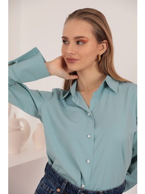 Kaktüs Moda Soft Kumaş Crop Kadın Inci Düğme Detay Gömlek-Mint