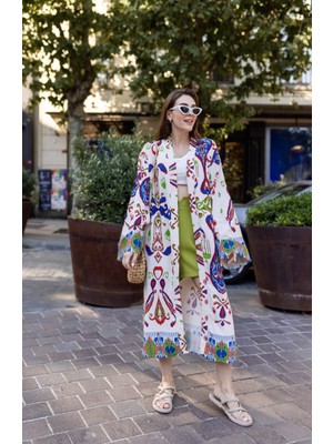 BRTC Design Kadın Etnik Desen Keten Kimono