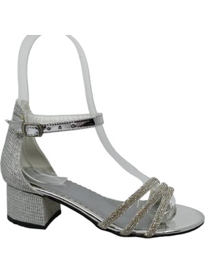 Zerhan 1550 Kız Çocuk Gri Taşlı Bantlı Topuklu Ayakkabı