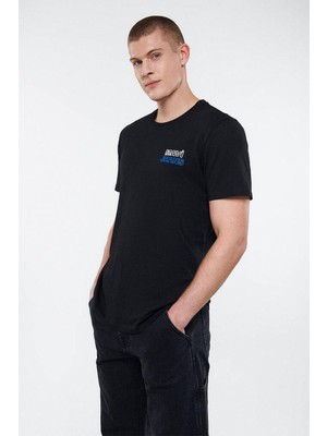 Mavi Erkek XXXL Kısa Kol Siyah T-Shirt Günlük Tarz Desenli Bisiklet Yaka