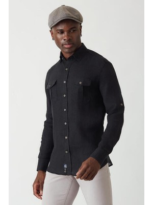 Bisse Erkek Slim Fit Uzun Kollu Keten Gömlek SIYAH GM22Y221146_D99