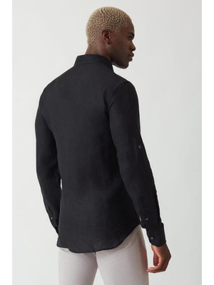 Bisse Erkek Slim Fit Uzun Kollu Keten Gömlek SIYAH GM22Y221146_D99