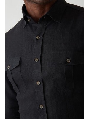 Bisse Erkek Slim Fit Uzun Kollu Keten Gömlek SIYAH GM22Y221146_D99