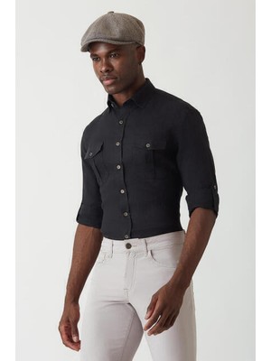 Bisse Erkek Slim Fit Uzun Kollu Keten Gömlek SIYAH GM22Y221146_D99
