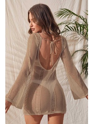 Angelsin Örme Pamuk Uzun Kollu Pareo Plaj Elbisesi Kimono Kaftan