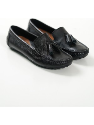 Mubiano 201-S Hakiki Deri Püsküllü  Oval Burunlu Kadın Siyah Babet & Loafer Ayakkabı