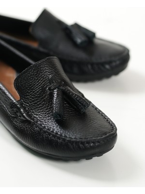 Mubiano 201-S Hakiki Deri Püsküllü Oval Burunlu Kadın Siyah Babet & Loafer Ayakkabı