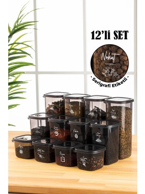 Vienev Serigrafi Etiketli Peggy Kare Erzak Saklama Kabı 12'li Set 4x(0,55 Litre, 1,2 Litre, 1,75 Litre) Antrasit