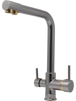 Kustar Füme Gold Detaylı 3 Yollu Arıtma Çıkışlı Mutfak Evye Bataryası