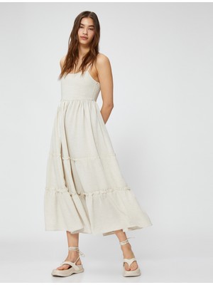 Koton Uzun Elbise Ince Askılı Fırfırlı Keten Viskon Karışımlı