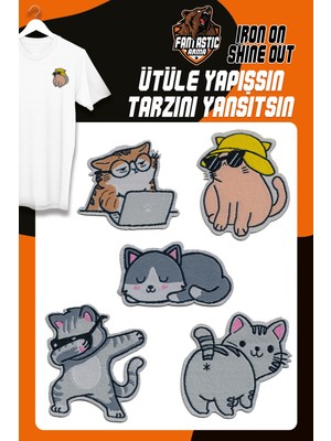 Fantastic Kedi Temalı Ütü Ile Yapışan Dokuma Arma Seti 5 ADET Polyester Renkli Patch